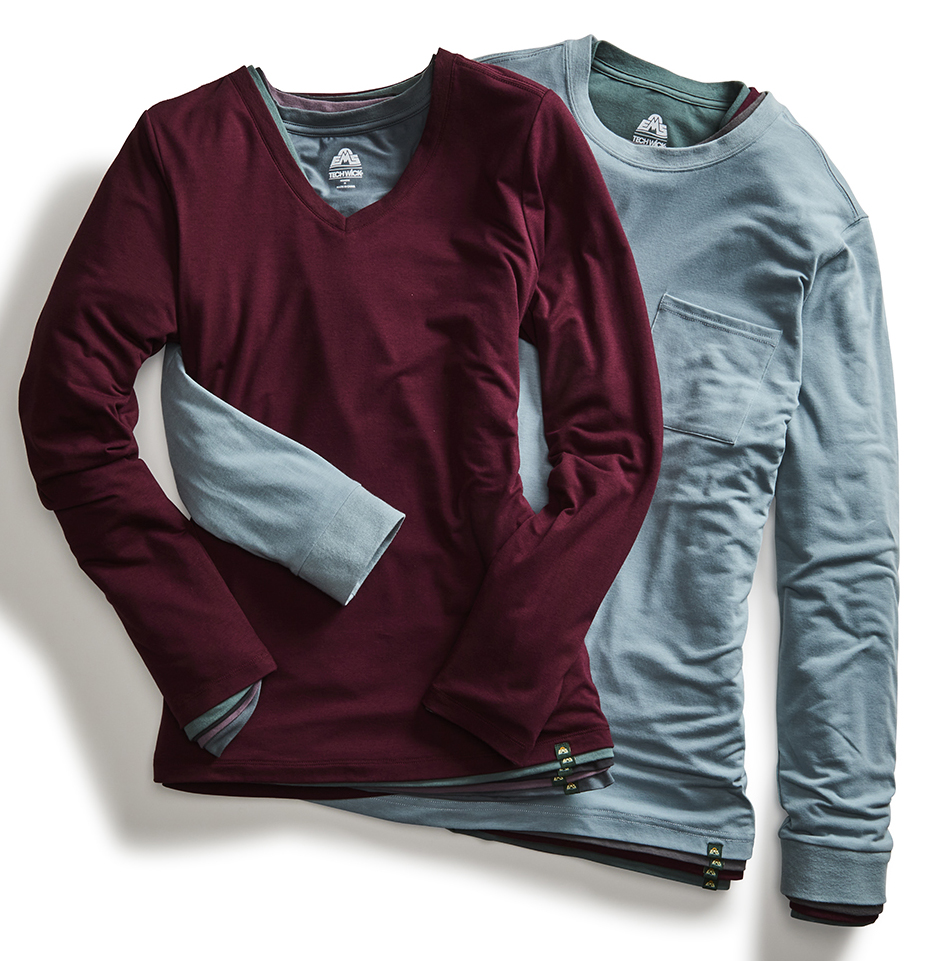 two long sleeved shirts professionally displayed in a swirl pattern by an apparel photo stylist