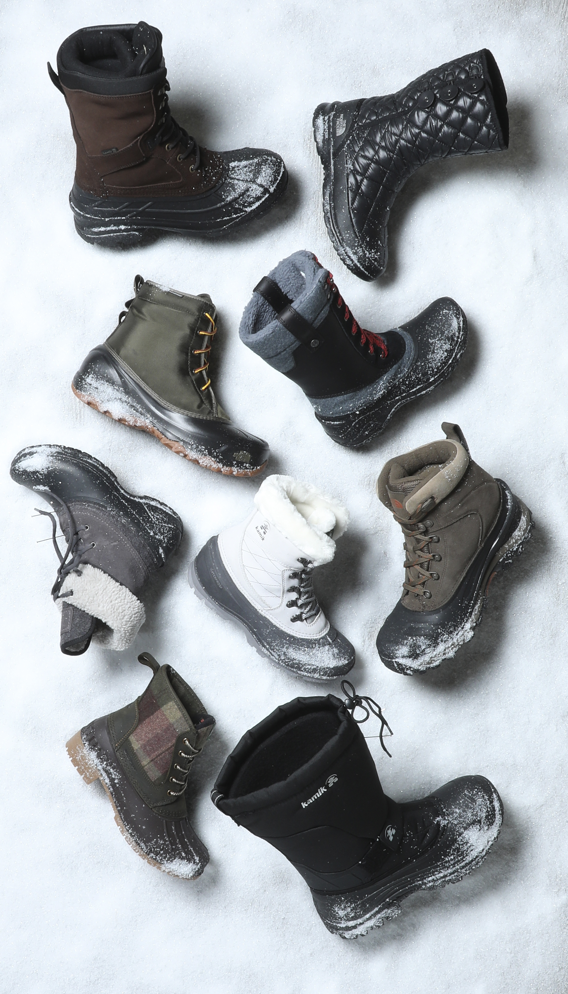 Assorted boots that have been styled by a professional footwear stylist