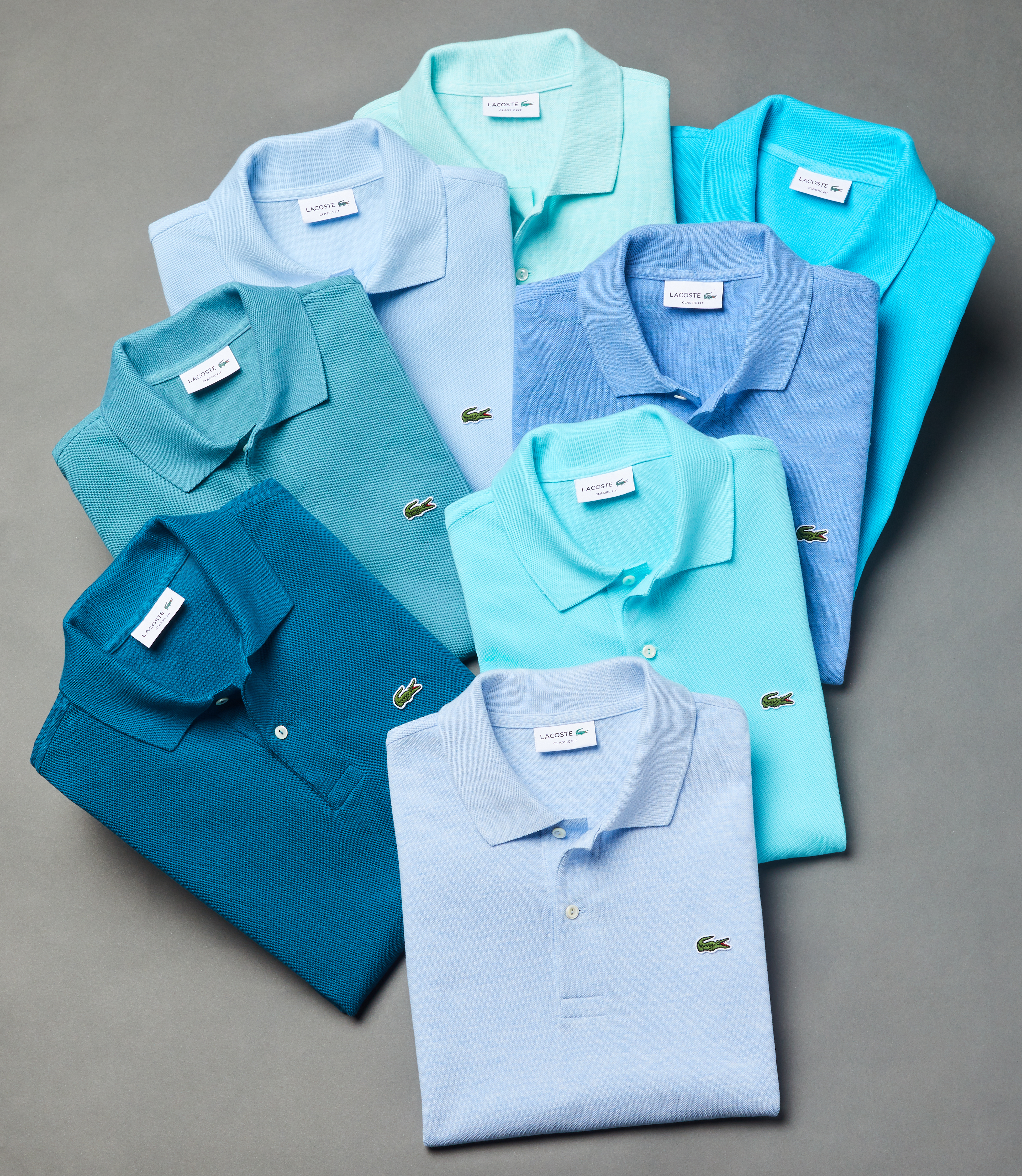 Lacoste polo shirts professionally displayed by an apparel photo stylist