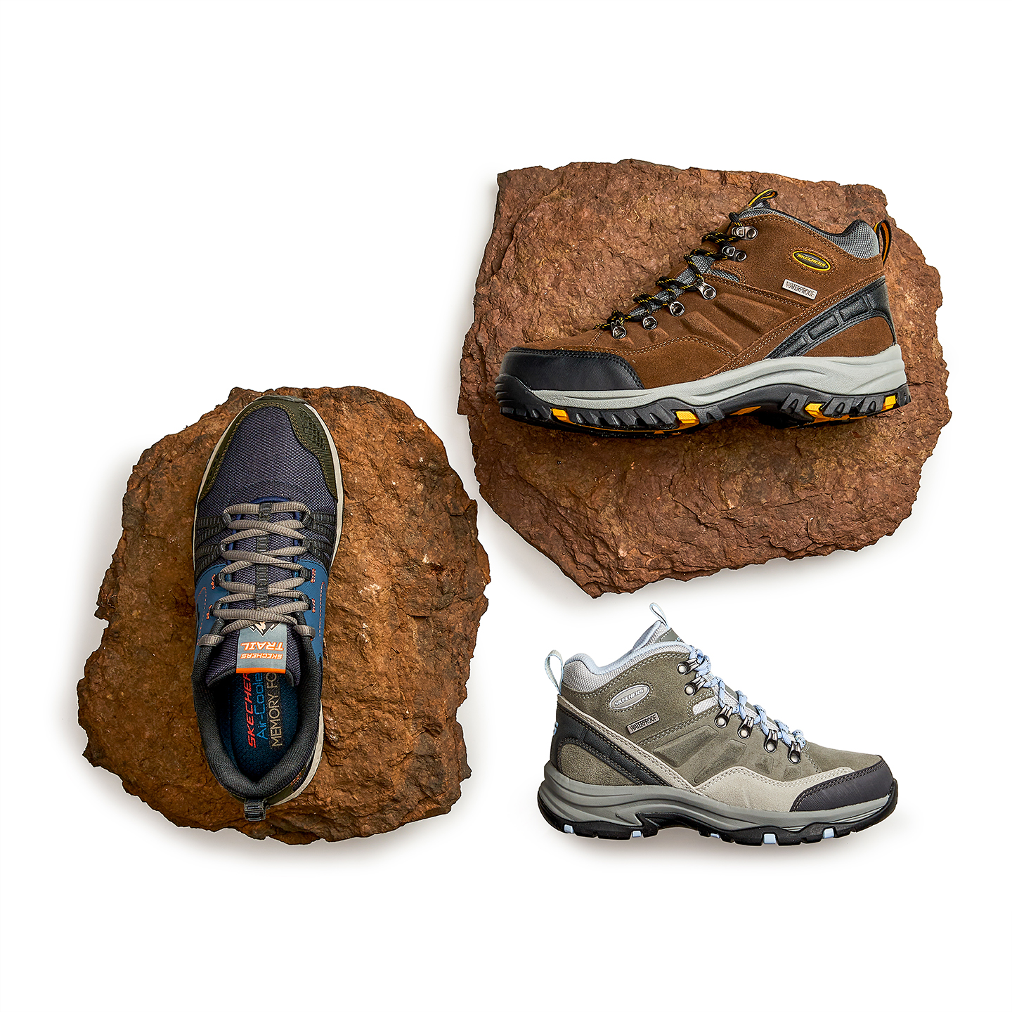 Assorted skechers hiking shoes that have been styled by a footwear photo stylist