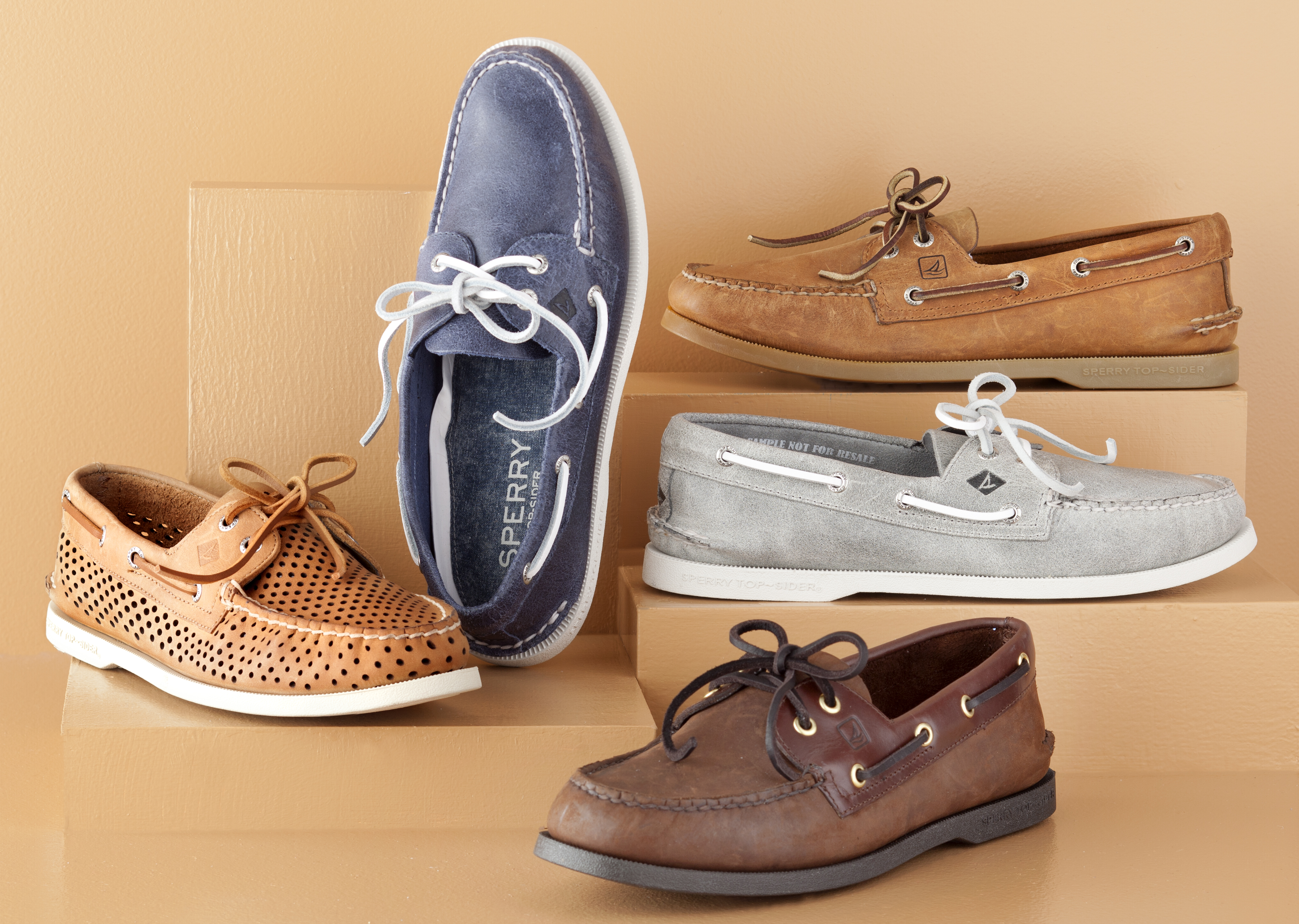 Assorted Sperrys that have been styled by a professional footwear photo stylist