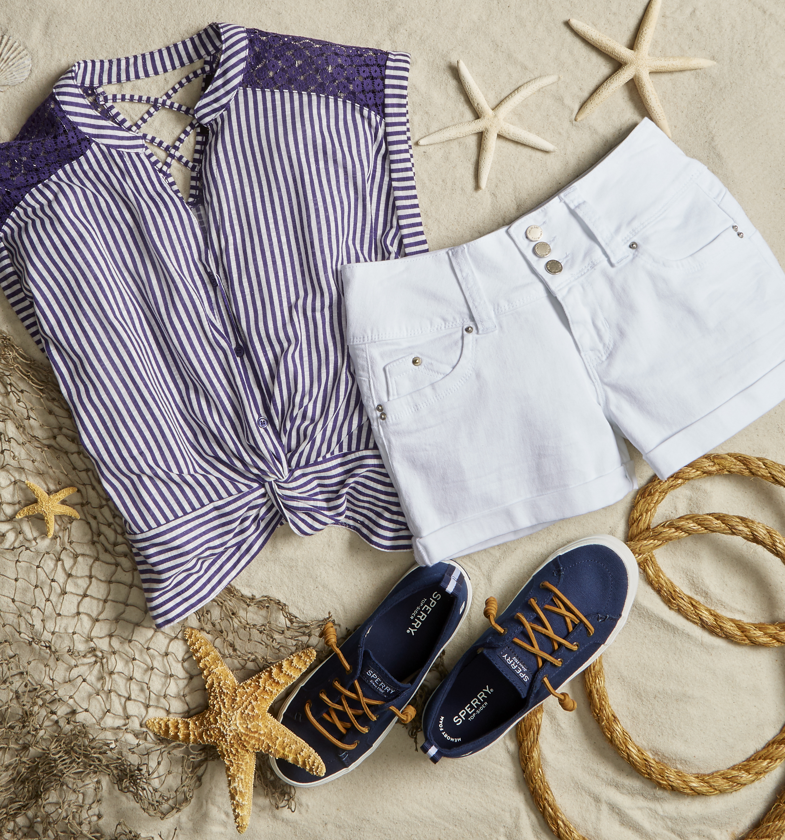 A women's beach outfit professionally displayed by an apparel photo stylist