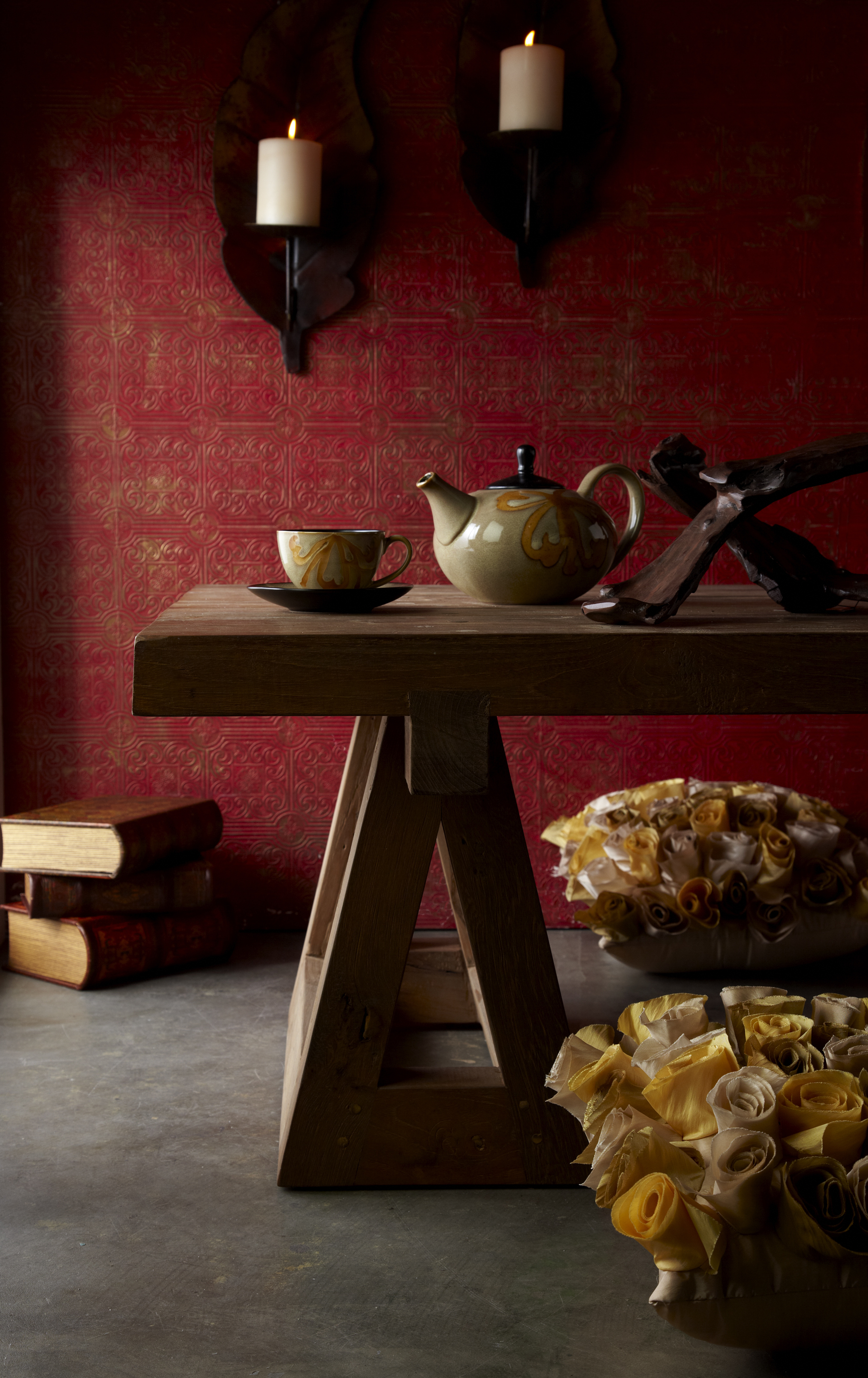 decorative table in low light that has been professionally styled by an interior photo stylist